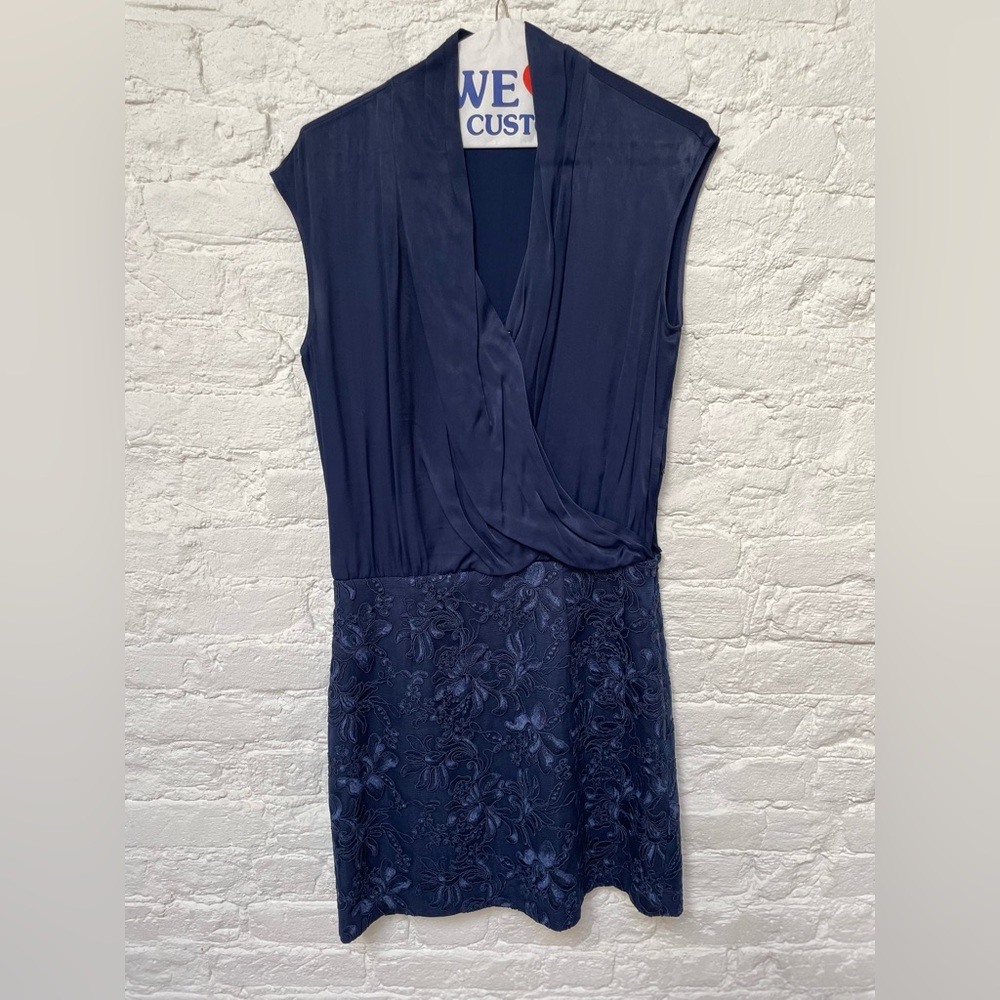 Navy dress, embroidered skirt, satin silk top